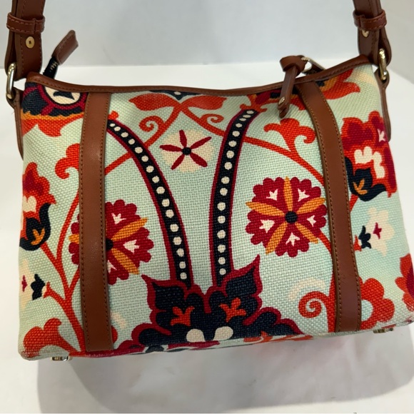 SPARTINA 449 tan leather linen in gorgeous light blue print purse bag - Picture 5 of 16